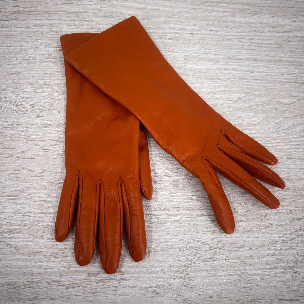 Portolano Womens Orange Leather Gloves Cashmere Lined Size 7 Long Cuff‎ Luxury